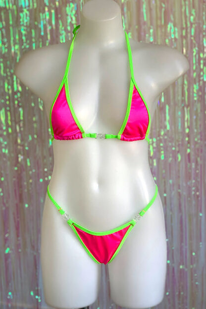 Siren Doll Micro Cup Bikini Set - Neon Pink & Neon Green Front