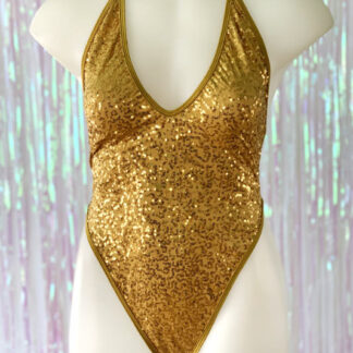 Siren Doll High Cut Low Front Bodysuit - Sequin - Gold