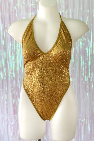 Siren Doll High Cut Low Front Bodysuit - Sequin - Gold