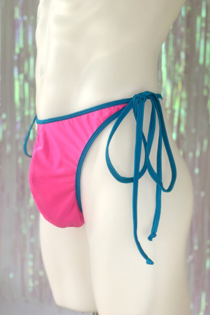 Siren Doll Men's Tie Sides G-string - NeonPink with Turquoise Trim - Side