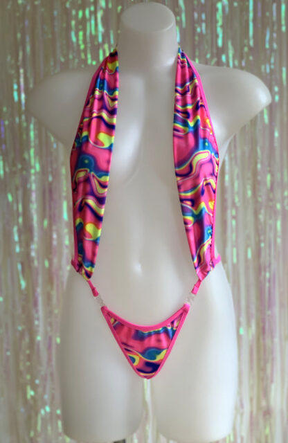 Siren Doll Skimpy Sexy Bodysuit - Neon Marble - Neon Pink Trim Front2