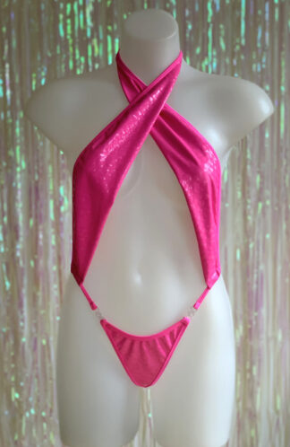 Siren Doll Skimpy Sexy Bodysuit - PVC Geometry – Neon Pink Front