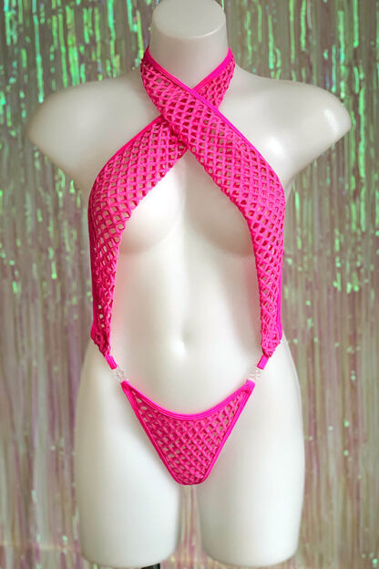 Siren Doll Skimpy Sexy Fishnet Bodysuit Neon Pink Front2
