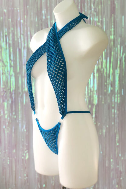 Siren Doll Skimpy Sexy Fishnet Bodysuit - Turquoise - Side