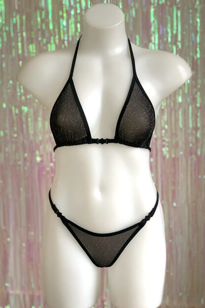 Siren Doll Small Cup Bikini Set - Sheer Black with Silver Glitter Front