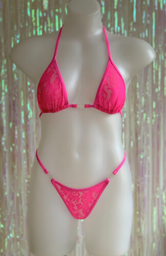 Siren Doll Small Cup Bikini Set - Lace - Neon Pink Front