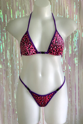 Siren Doll Small Cup Bikini Set - Velvet Hot Pink Leopard - Purple Trim Front