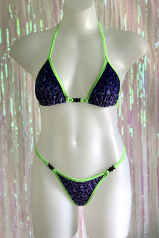 Siren Doll Small Cup Bikini Set - Velvet Purple Leopard - Neon Green Trim Front