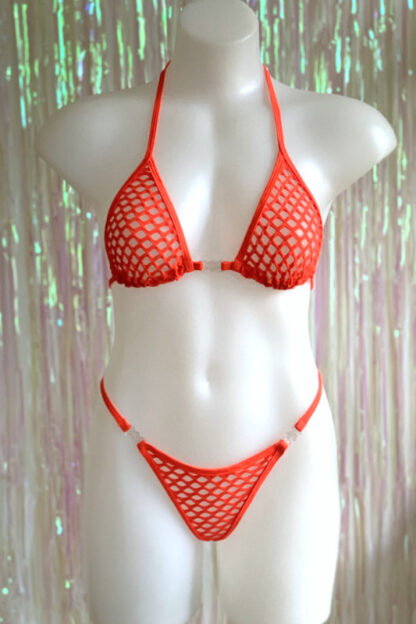 Siren Doll Small Cup Fishnet Bikini Set - Neon Orange