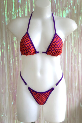 Siren Doll Small Cup Bikini Set - Purple - Neon Orange Fishnet
