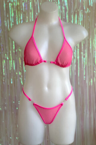 Siren Doll Small Cup Bikini Set - Neon Pink Mini Fishnet Front