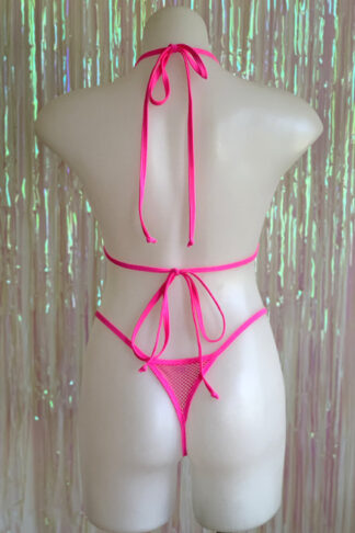 Siren Doll Small Cup Bikini Set - Neon Pink Mini Fishnet Back