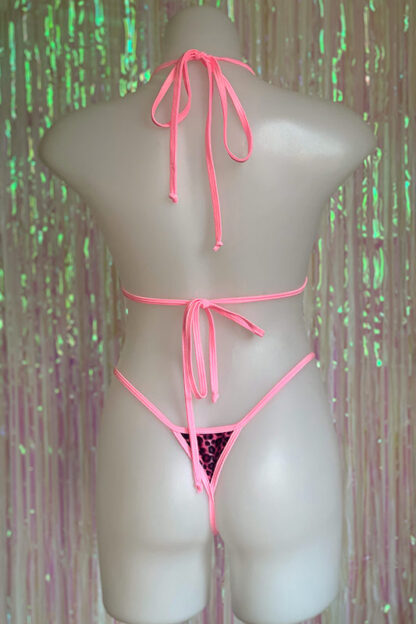 Siren Doll Small Cup Bikini Set - Faux Fur Neon Pink Leopard - Barbie Pink Trim Back