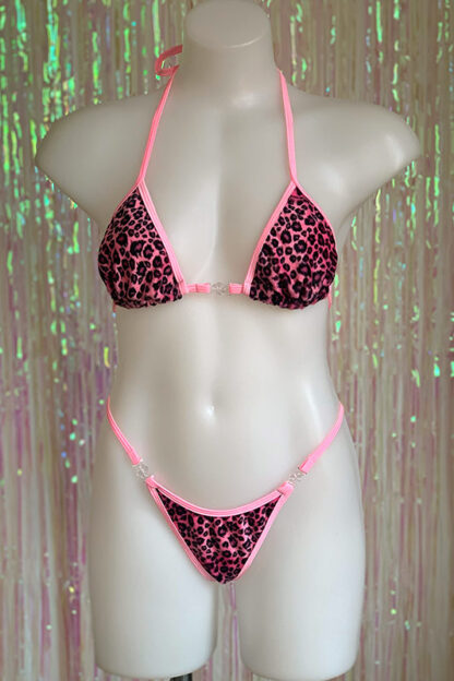 Siren Doll Small Cup Bikini Set - Faux Fur Neon Pink Leopard - Barbie Pink Trim Front