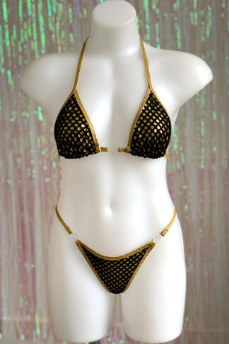 Siren Doll Small Bikini Set - Gold & Fishnet Black Front