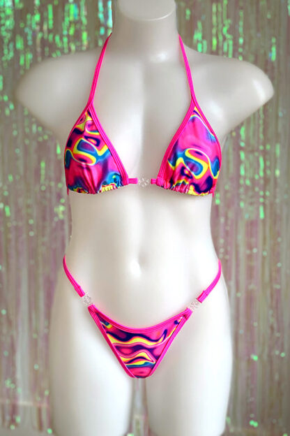 Siren Doll Small Cup Bikini Set - Neon Marble - Neon Pink Trim Front