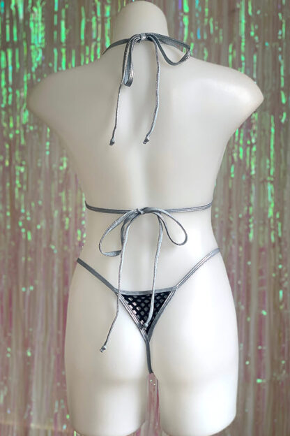Siren Doll Small Bikini Set - Silver & Fishnet Black Back