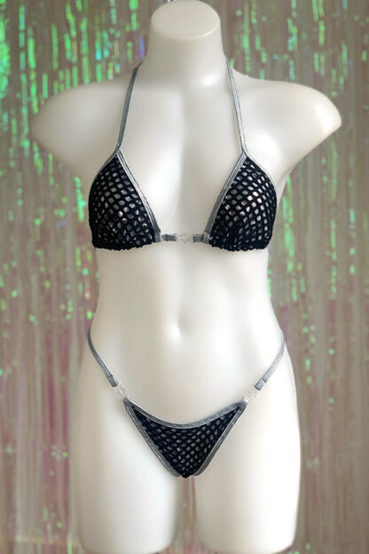 Siren Doll Small Bikini Set - Silver & Fishnet Black Front