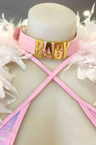 BABY Gold Letter Choker - Baby Pink Belt Front