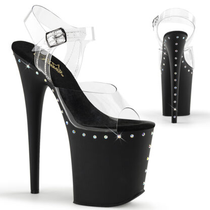 Pleaser 8" Flamingo 808 Clear Top with Ankle Strap Matte Black Platform with Rhinestone