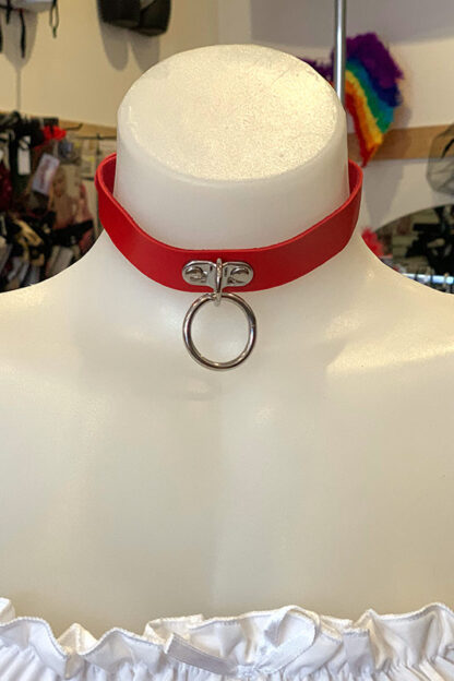 Hanging Ring Choker - Faux Leather- Red Front