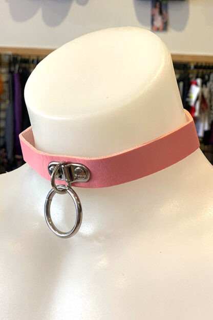 Hanging Ring Choker - Faux Leather- Baby Pink Side