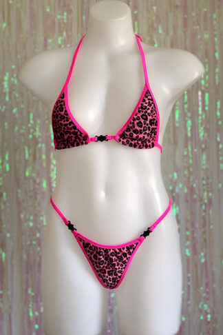 Siren Doll Micro Cup Bikini Set - Faux Fur Neon Pink Leopard - Neon Pink Trim Frpmt