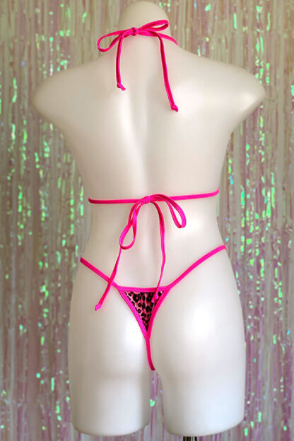 Siren Doll Micro Cup Bikini Set - Faux Fur Neon Pink Leopard - Neon Pink Trim Back