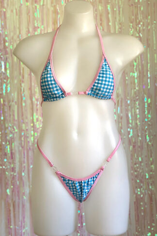 Siren Doll Micro Cup Bikini Set - Gingham Baby Blue - Baby Pink Trim Front