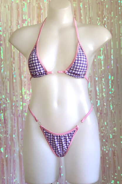 Siren Doll Micro Cup Bikini Set - Gingham Lavender - Baby Pink Trim Front