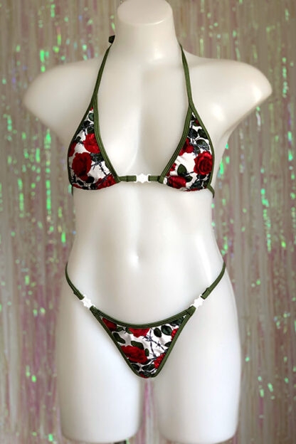 Siren Doll Micro Cup Bikini Set - Rose & Barbed Wire - Olive Green Trim Front