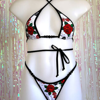 Siren Doll Micro Cup Bikini Set - Roses & Dices - Black Trim Front