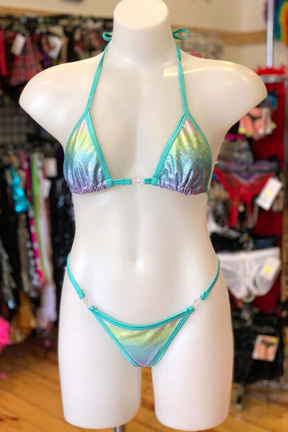 Siren Doll Small Cup Bikini Set - Hologram - Baby Rainbow with Mint Green Trim Front
