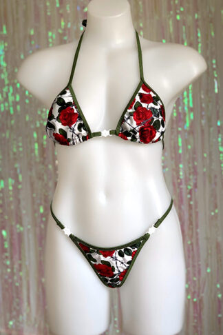Siren Doll Small Cup Bikini Set - Rose & Barbed Wire - Olive Green Trim Front