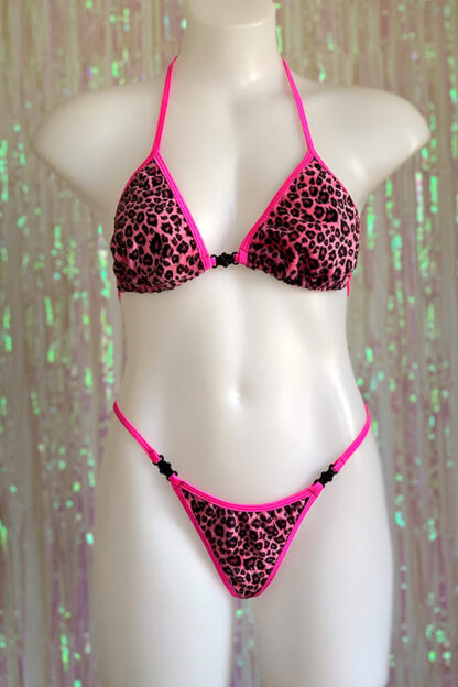 Siren Doll Small Cup Bikini Set - Faux Fur Neon Pink Leopard - Neon Pink Trim Front
