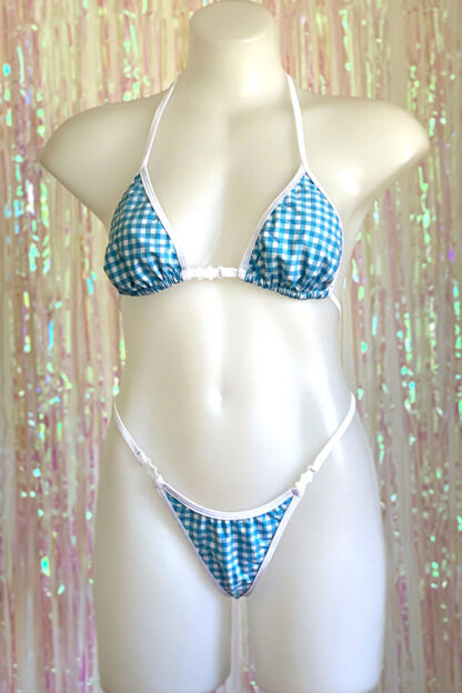 Siren Doll Small Cup Bikini Set - Gingham Baby Blue - White Trim Front