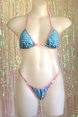 Siren Doll Small Cup Bikini Set - Gingham Baby Blue - Baby Pink Trim Front