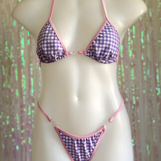 Siren Doll Small Cup Bikini Set - Gingham Lavender - Baby Pink Trim Front