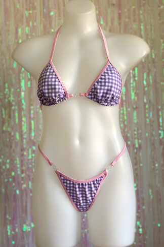 Siren Doll Small Cup Bikini Set - Gingham Lavender - Baby Pink Trim Front