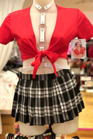 School Girl Tartan Pleated Velcro Mini Skirt - Black & White front 2