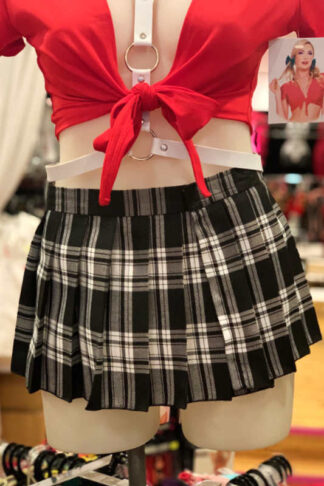 School Girl Tartan Pleated Velcro Mini Skirt - Black & White Front
