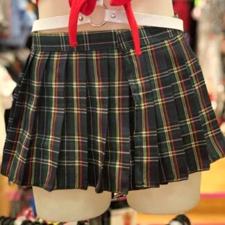 School Girl Tartan Pleated Velcro Mini Skirt - Dark Green Front 2