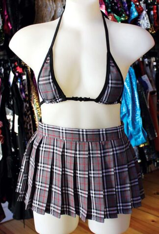 School Girl Tartan Pleated Velcro Mini Skirt - Grey